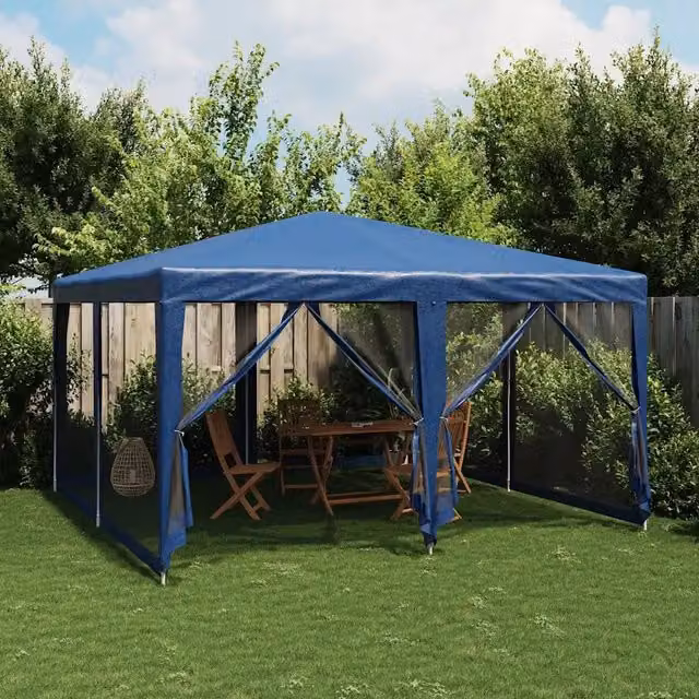 Tenda Gazebo per Feste Blu con 8 Pareti Laterali in Rete L/P: 400 x 400 cm