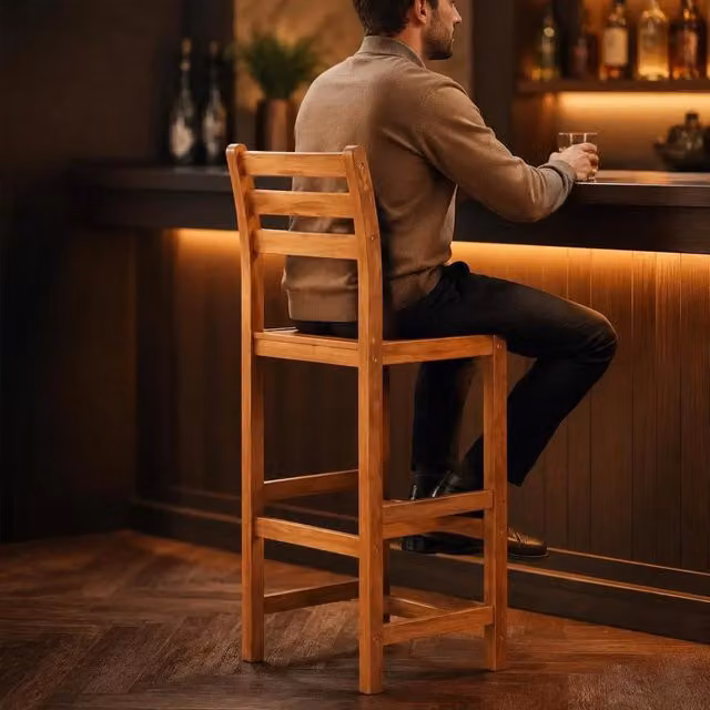 Bar Stools, Set Of 4, Solid Acacia Wood
