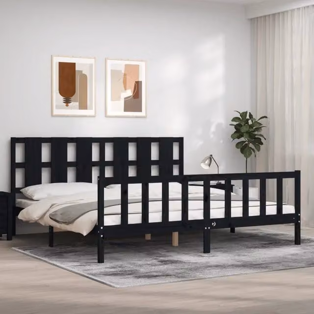 Letto con Testiera in Legno Massello di Pino Nero vidaXL L/P: 200 x 200 cm