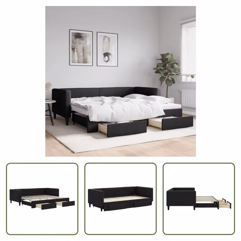 The Living Store Letto allungabile con cassetti nero 90x200 cm tessuto