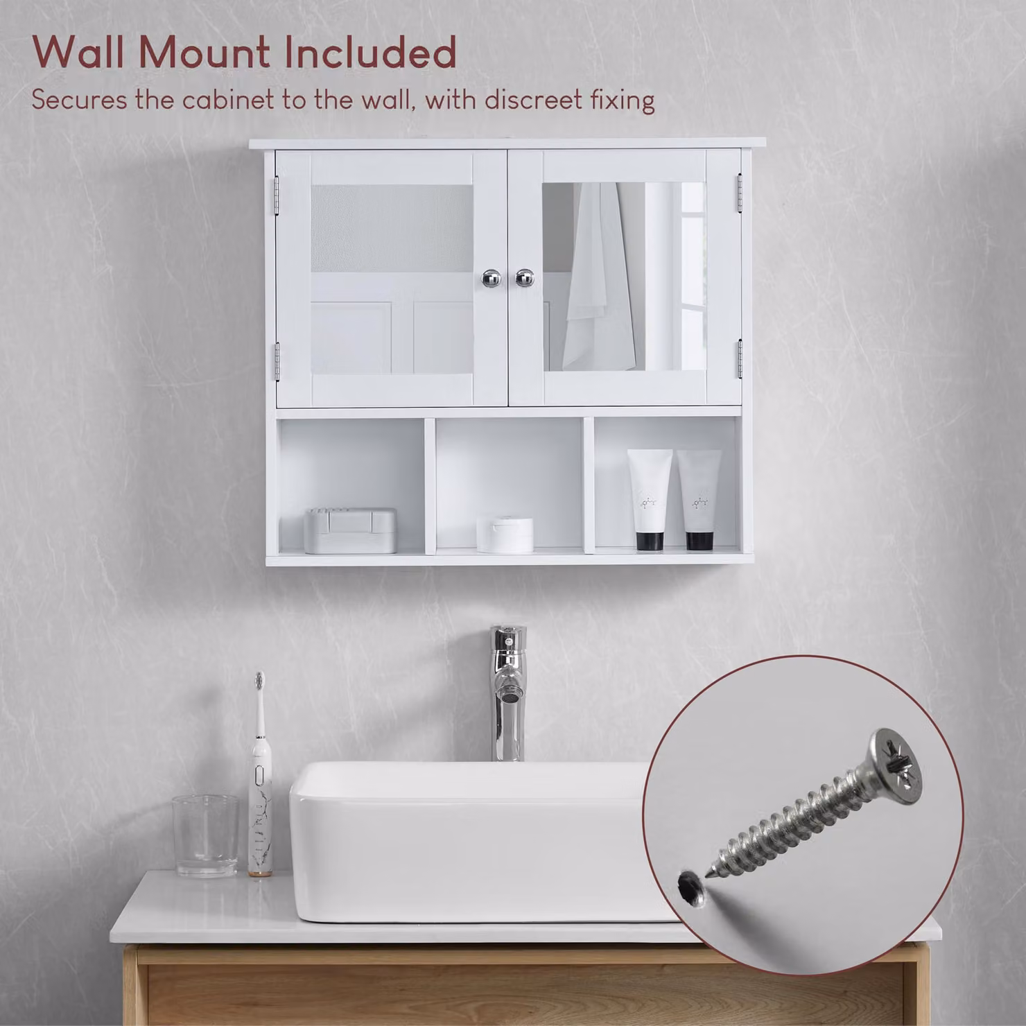 Armadietto da bagno con specchio, dimensioni 50 x 60 x 14 cm, bianco, da montare a parete, per il bagno