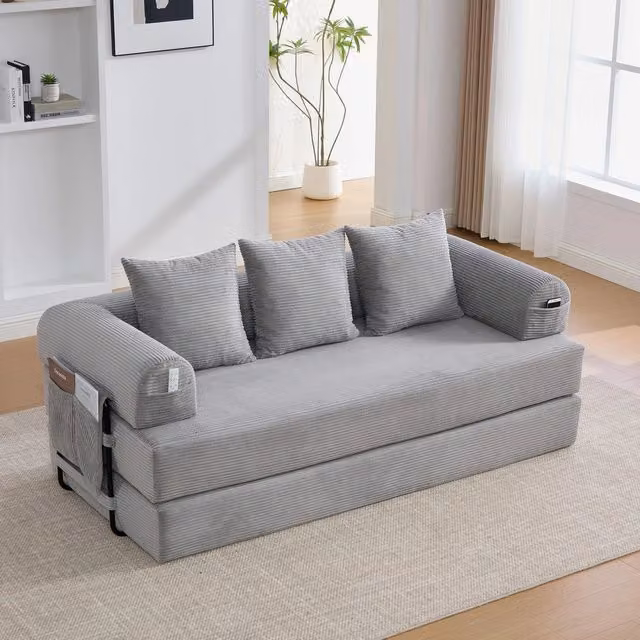 Divano 3 posti con cuscini ¨C Minimal ¨C tessuto grigio chiaro struttura metallo 90x180x85