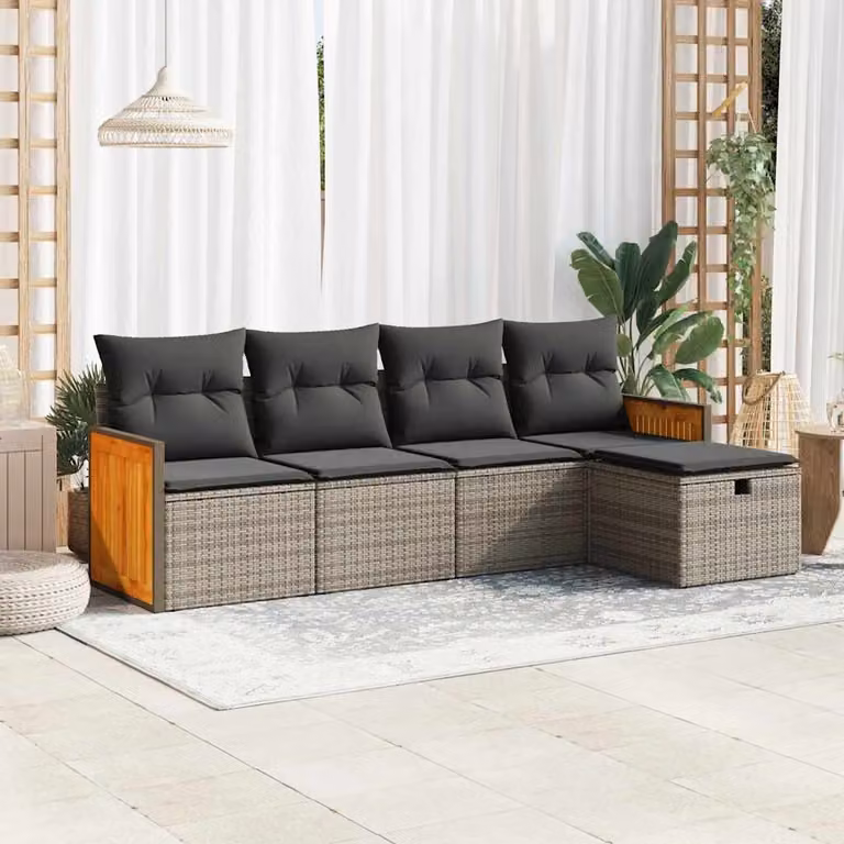 Set Divano da Giardino vidaXL 5 pz a L con Cuscini Grigio in Polyrattan e Legno di Acacia