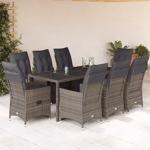 Set Bistrò da Giardino vidaXL in Polyrattan Grigio con Cuscini e Tavolo in Vetro, 9 Pezzi