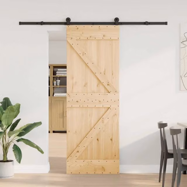 Porta scorrevole minimalista vidaXL in legno e acciaio, colore naturale e nero, L: 70 cm, H: 210 cm