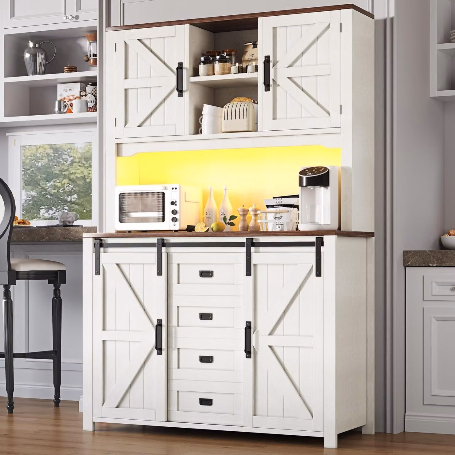 Mobiletto da cucina, credenza laterale, 115x40x174,7 cm, con ante scorrevoli e illuminazione a LED, colore bianco