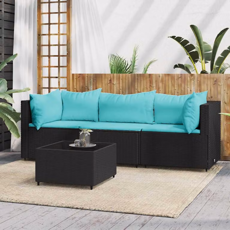 Set da giardino moderno vidaXL composto da 4 pezzi con divano a 3 posti, elemento angolare, tavolino da caffè e cuscini in tessuto, struttura in metallo e rattan nero