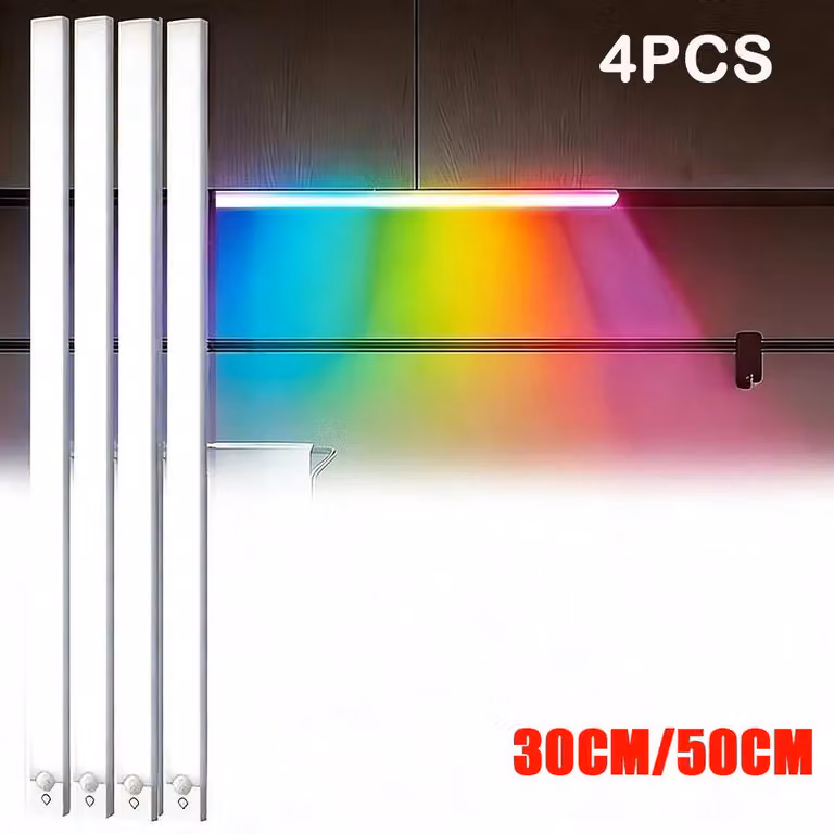 Lampada LED RGB per armadi, composta da 4 elementi - Sensore di movimento - Ricaricabile - Magnetica - Senza fili - 5 modalità di illuminazione - 50 cm
