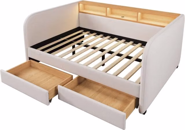 Letto imbottito matrimoniale 140×190 cm con 2 cassetti; LED regolabile; USB e Type-C; senza materasso; beige