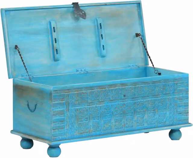 Cassapanca vidaXL in legno massello di mango con finitura laccata blu e turchese decorazione astratta L/P/H: 100 x 40 x 41 cm