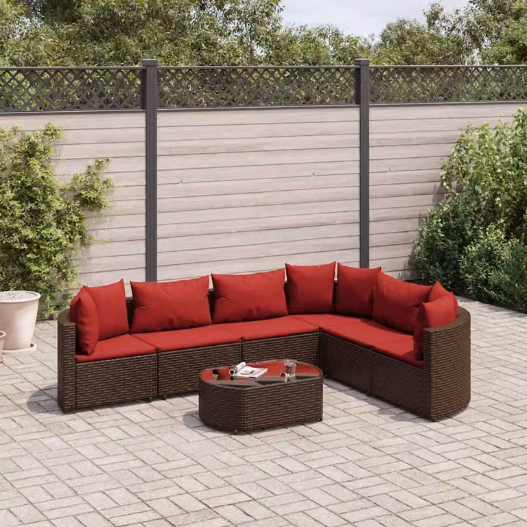 vidaXL Set Divani da Giardino 7 pz a Forma a L con Cuscini Marrone e Rosso in Polyrattan e Metallo