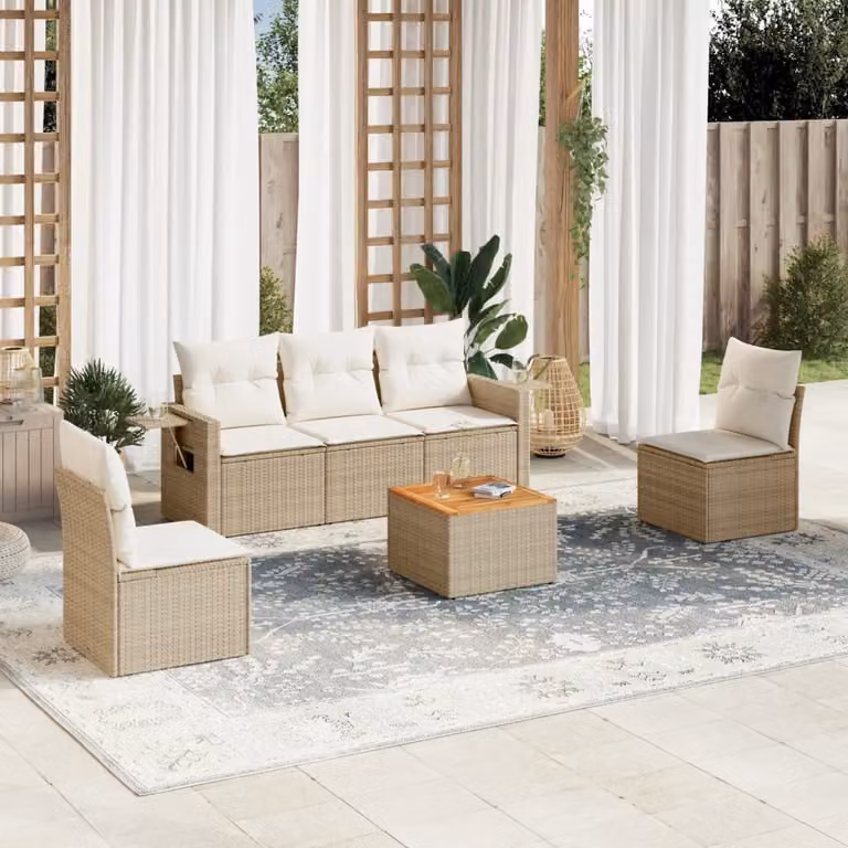 Set Divano da Giardino vidaXL 6 pz in Polyrattan con Cuscini Beige e Tavolino da Esterno