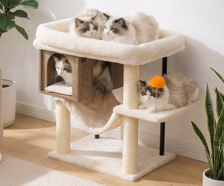 Albero per gatti con ampia piattaforma in peluche (54x40 cm), casetta in legno, alta 57,5 cm