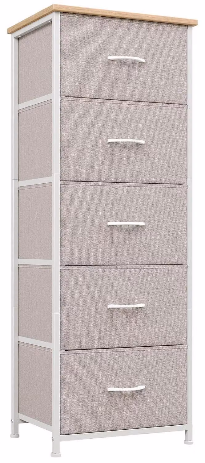Comodino in tessuto, colore grigio antracite, con 5 cassetti, dimensioni 30x42x114,5 cm