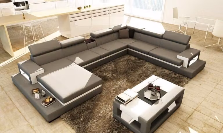 Ledersofa mit USB,Sofa Ecksofa U-Form Couch Wohnlandschaft Designer Sitz Ecke