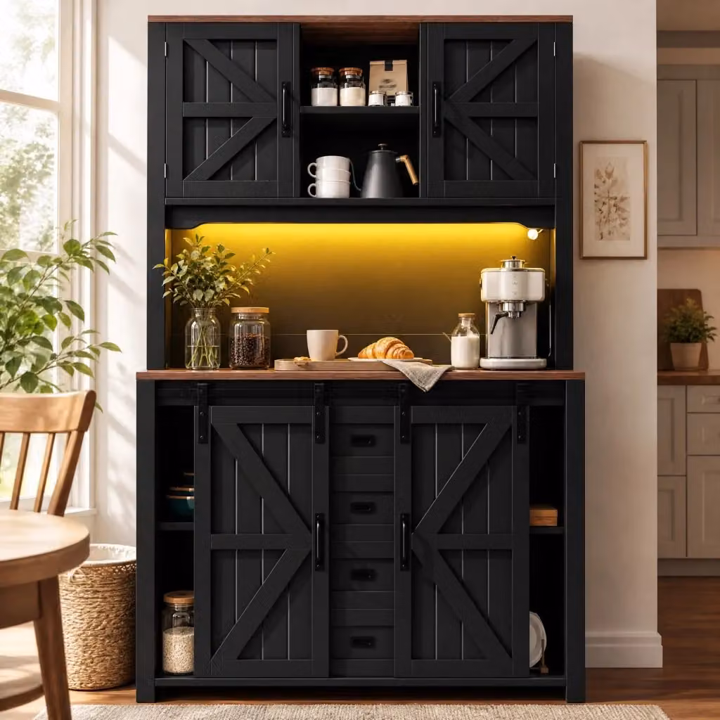 Credenza da cucina alta moderna con ante scorrevoli e illuminazione LED, struttura in MDF e metallo, nera e multicolore, L: 115 cm, P: 40 cm, H: 174,7 cm – 2