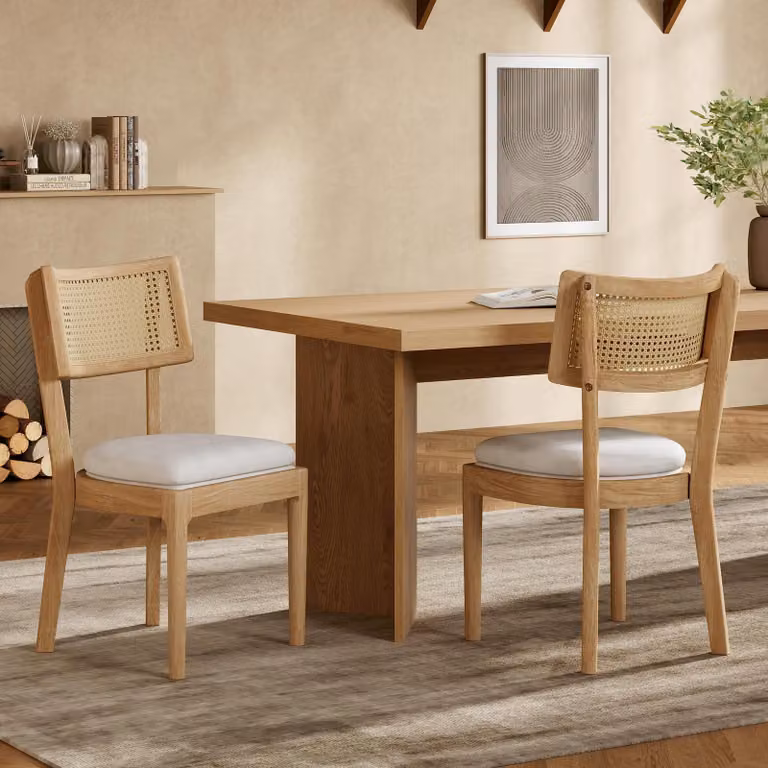 Flieks sedie da pranzo in rattan sedie da cucina 2pcs, sedia da soggiorno in rattan con cuscino in lino, 50x58x88cm, finitura naturale