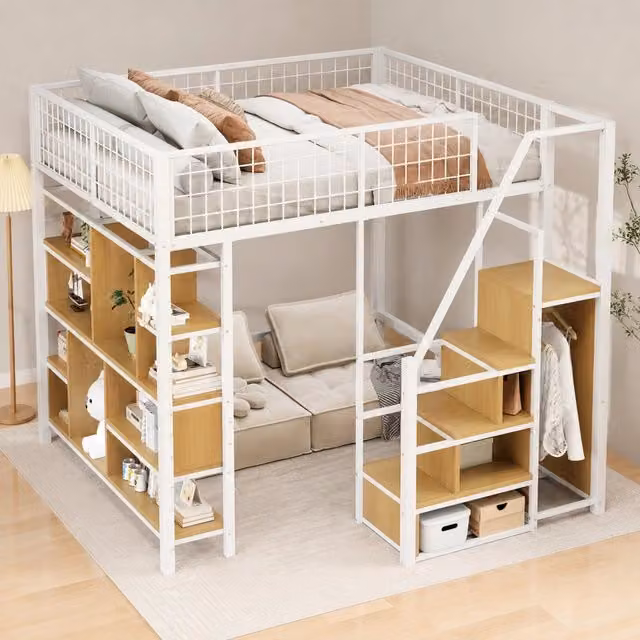 Letto a soppalco 140x200 cm in metallo e legno; con scala contenitore; bianco