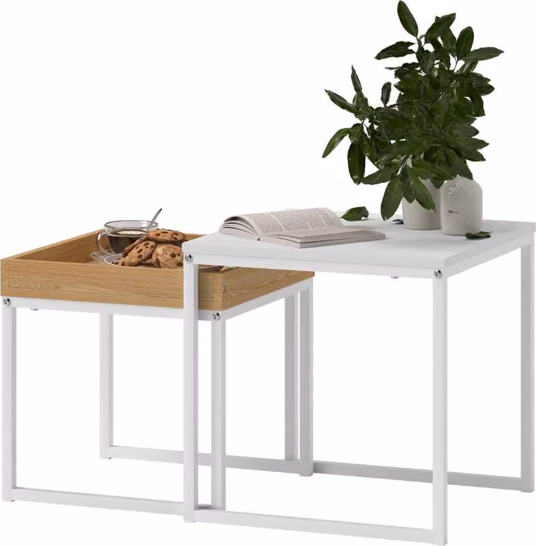 Fortuna Lai Tavolino moderno, set di 2 tavolini da salotto, per spazi ridotti, quadrato, MDF, metallo, bianco