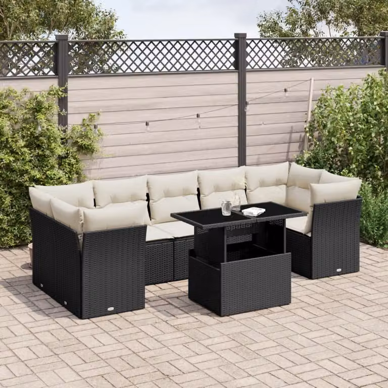 Set di divani da giardino vidaXL in polyrattan nero con cuscini e tavolino da esterno a forma di L