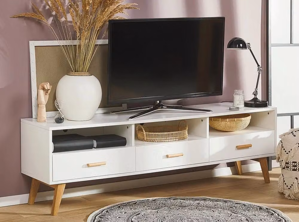 Mobile TV moderno BELIANI bianco e legno rovere con ripiani e cassetti L: 180 cm, P: 40 cm, H: 55 cm – 2