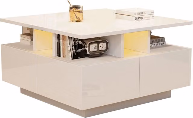 Tavolino da salotto REDOM Bianco Lucido con 4 cassetti e LED L/P/H: 70 x 70 x 40 cm