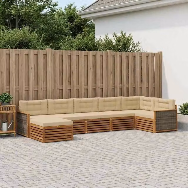 Set di divani da esterno a L vidaXL in legno di acacia con 7 pezzi, colore beige e sabbia