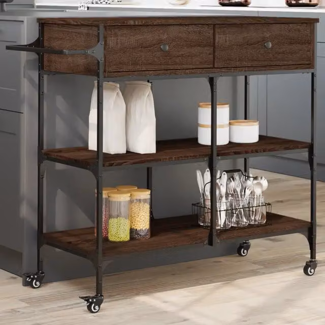 Carrello da cucina in legno e metallo stile industrial vidaXL, colore marrone rovere, L 105 cm x P 42 cm x H 95 cm – 1