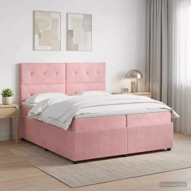 Letto box spring con materasso vidaXL in velluto rosa e bianco L/P/H: 200 x 200 x 140,5 cm – 1