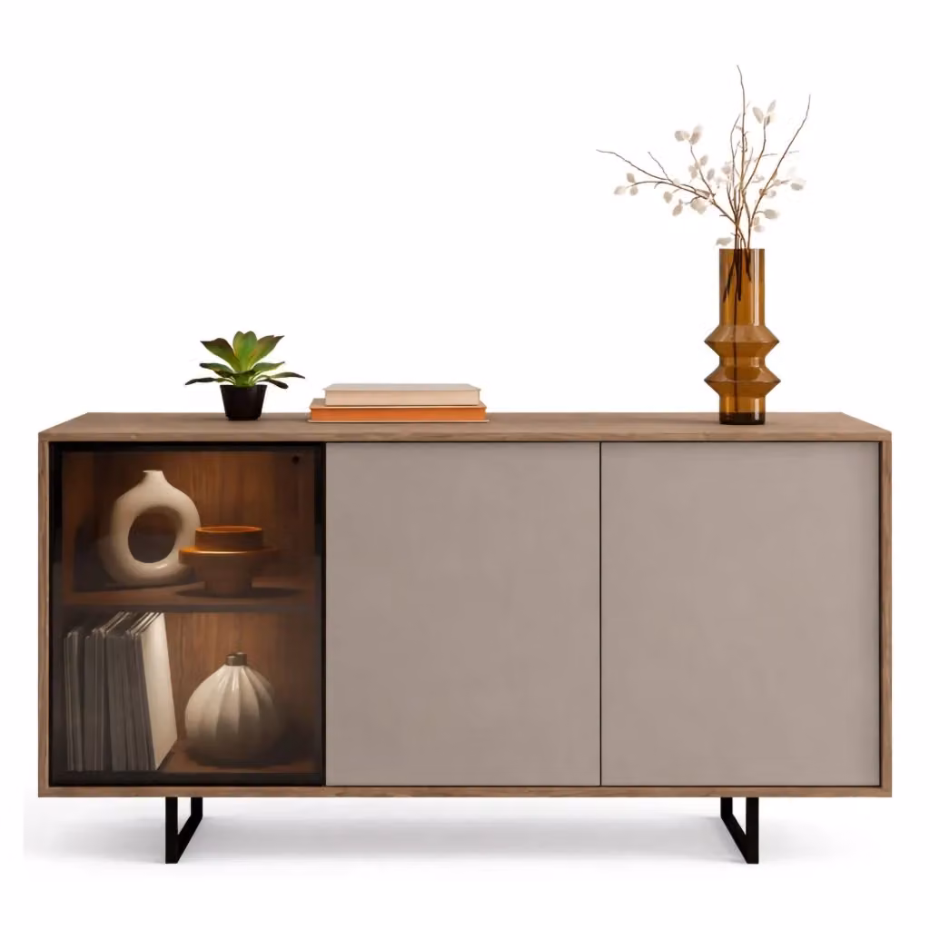 Madia Terinese DMORA, Credenza Moderna con Illuminazione Integrata in Legno e Vetro, Beige e Marrone, L: 184 cm, P: 40 cm, H: 87 cm – 2