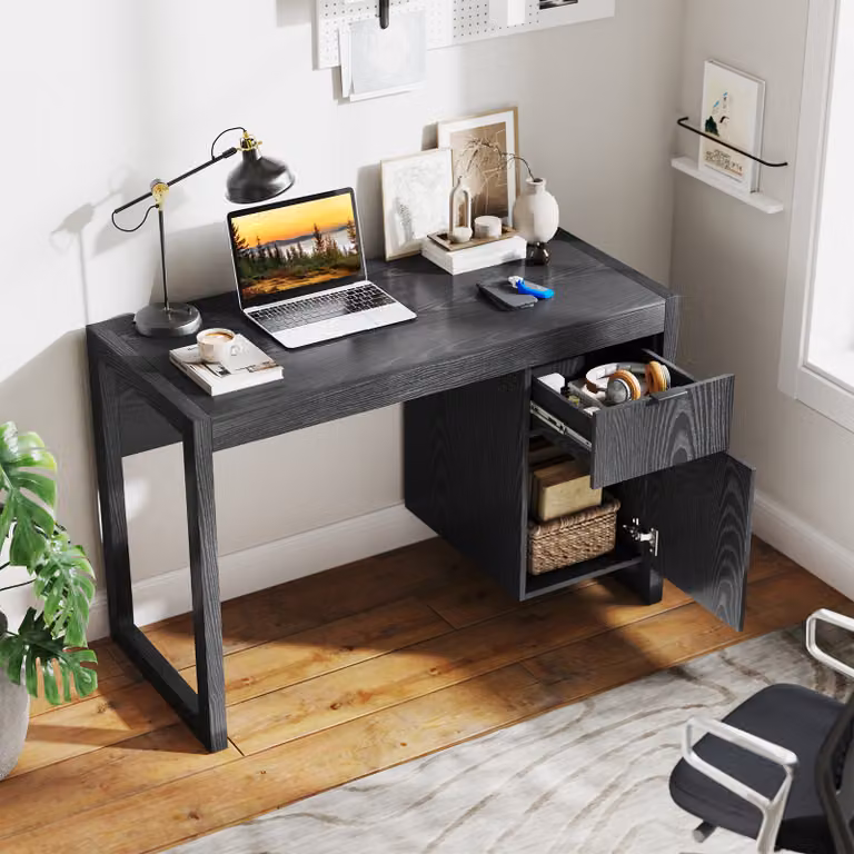 Scrivania moderna per computer Costway con armadietto e cassetto per casa e ufficio, Nero