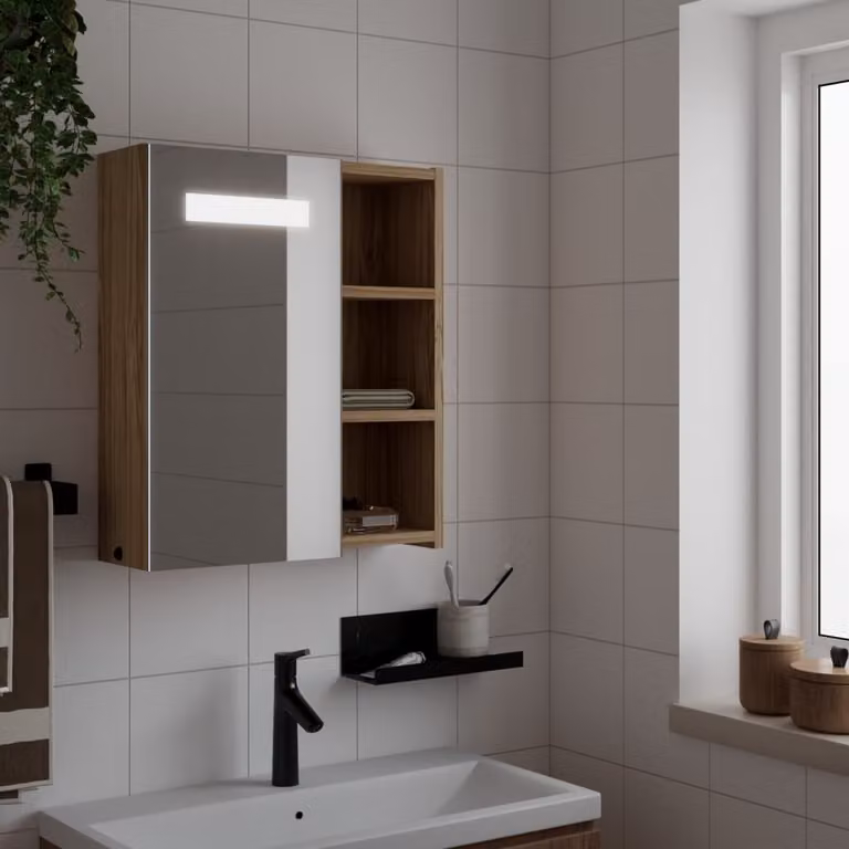 Armadietto da bagno con specchio e illuminazione LED vidaXL in rovere marrone, L 45 cm x P 13 cm x H 52 cm