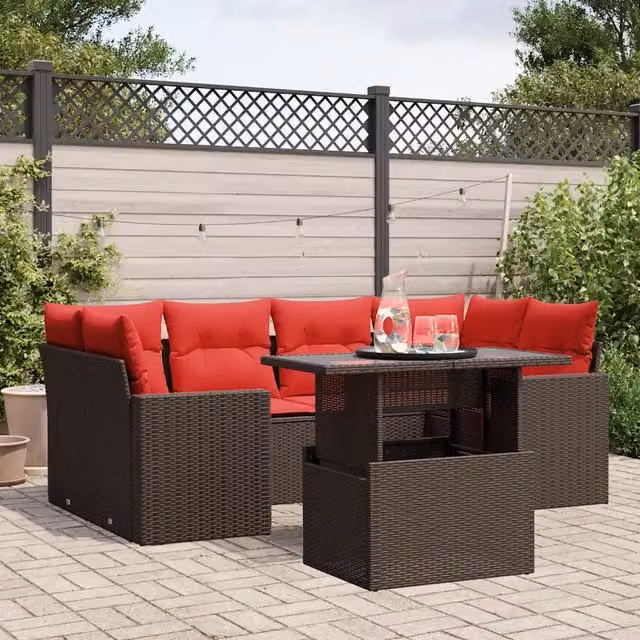 Set Divani da Giardino 7 pz con Cuscini Marrone in Polyrattan 3267134