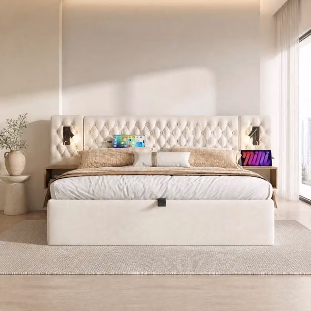 Letto 180x200 cm con contenitore idraulico, comodini e USB-C in velluto beige