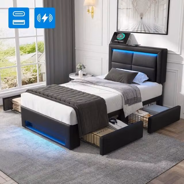 Letto singolo 90x190cm - Xylo - USB LED 4 cassetti nero PU