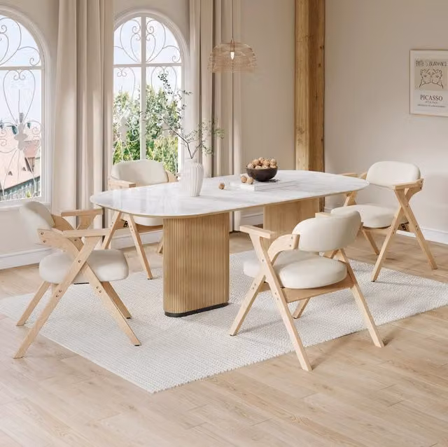 Set di 4 sedie da pranzo pieghevoli con braccioli in legno massello e lino; beige