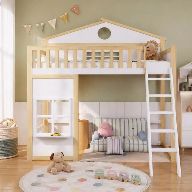 Letto a castello ULEVR 90x200 cm con scala a 5 gradini, protezione anticaduta, tetto e finestre, bianco e naturale