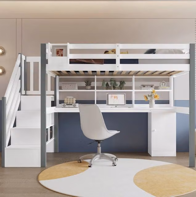 Letto semi-alto 90x200 cm con scrivania; scala contenitore e ripiani; bianco e grigio