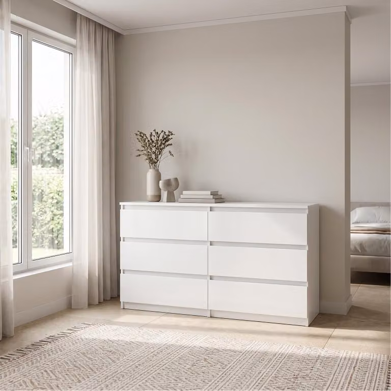 Comò Masseno NUDO da 120 cm con 6 cassetti e ante, per soggiorno e camera da letto, stile moderno, 120x39x78,5 cm, bianco / bianco
