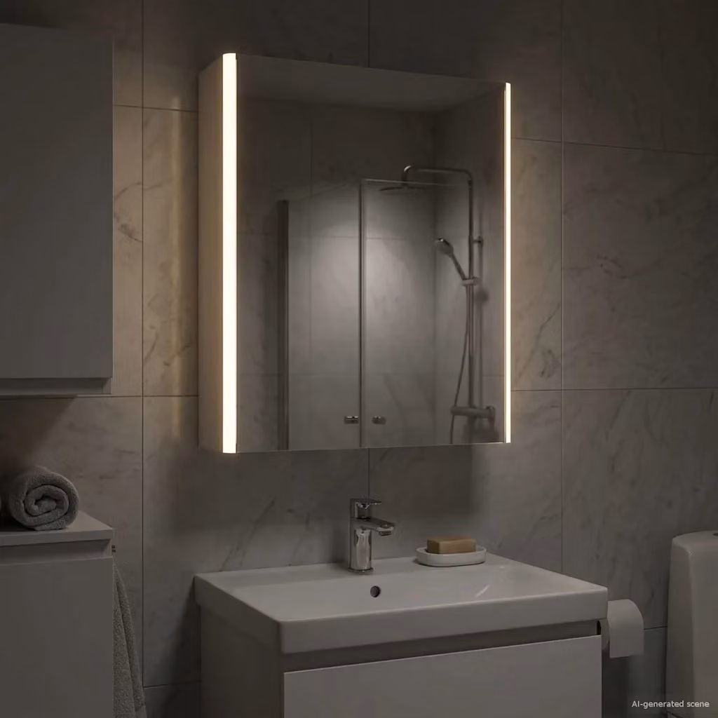 Armadio da bagno con specchio e illuminazione LED vidaXL, Bianco lucido, L: 53,5 cm, P: 15,5 cm, H: 70 cm – 2