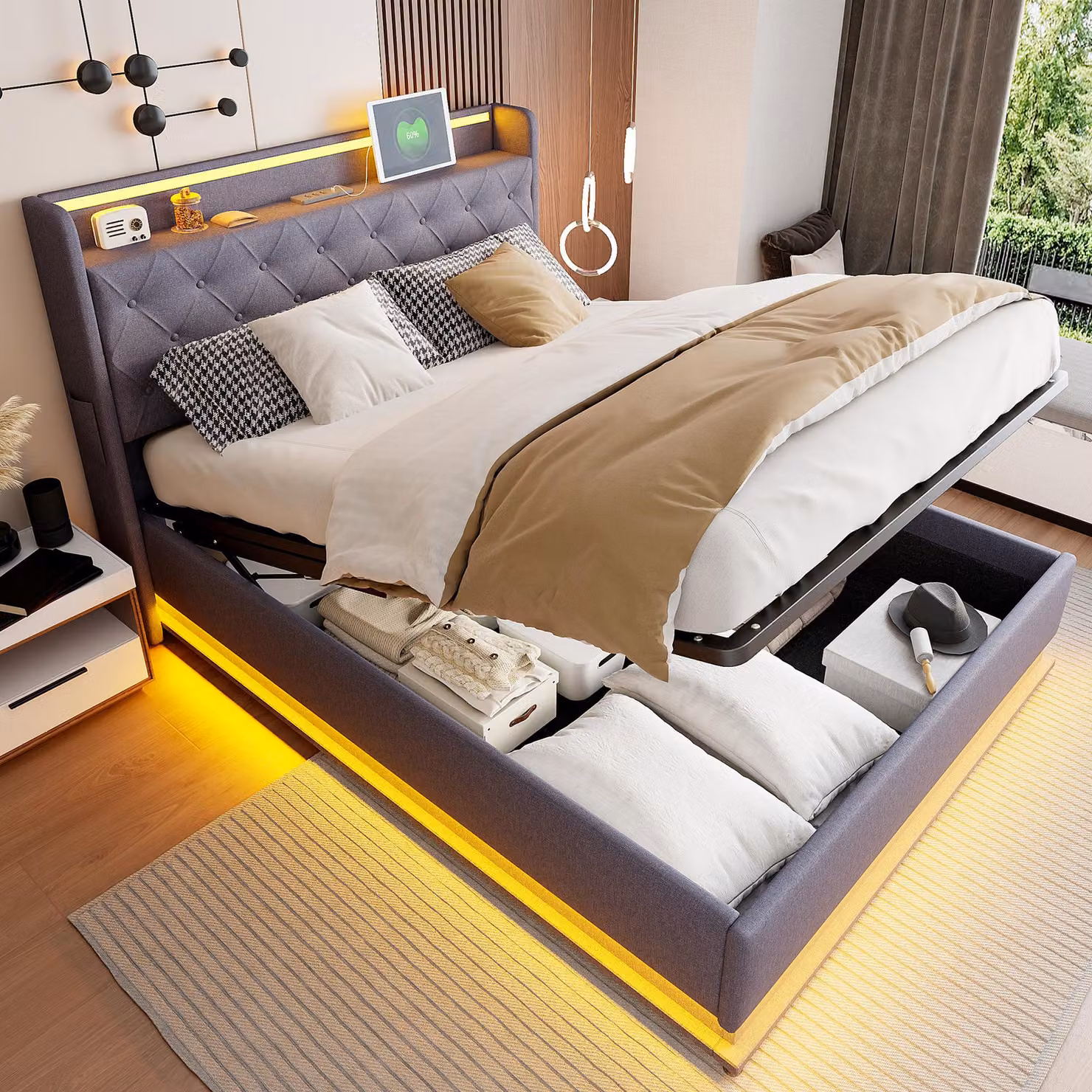 Letto imbottito Merax 140x200cm con LED e USB, letto a molle idrauliche con rete a doghe, contenitore e struttura in metallo, letto matrimoniale biancheria giovanile, grigio