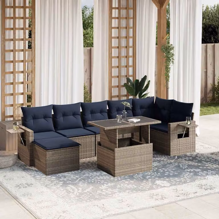 Set Divani da Giardino vidaXL 8 Pezzi in Polyrattan con Cuscini e Tavolino, Design Moderno a L, Grigio e Blu