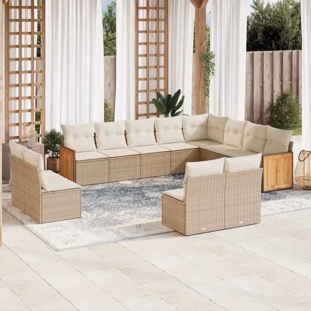 Set di divani da giardino vidaXL a forma di U composto da 12 pezzi con cuscini beige e struttura in rattan e legno di acacia