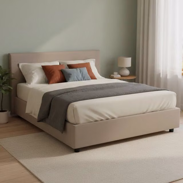 Letto Matrimoniale Ariadni Talamo Italia con Materasso Incluso, Rivestimento in Tessuto Grigio e Beige, Base con Contenitore Lift Up, L/P: 160 x 200 cm
