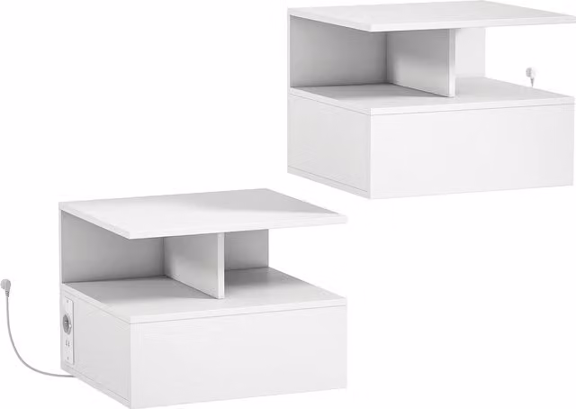 Set di 2 comodini sospesi HOMCOM con stazione di ricarica, cassetto e scaffale, bianco moderno