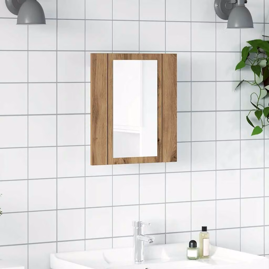 Mobiletto da bagno con specchio e illuminazione LED vidaXL in rovere, L: 40 cm, P: 12 cm, H: 45 cm