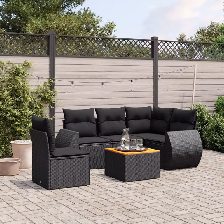 Set Divano da Giardino vidaXL 6 pz a L in Polyrattan Nero con Cuscini e Tavolino