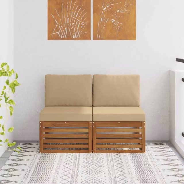 Set di 2 pezzi di divani modulari centrali per esterno in legno di acacia massello con tessuto beige