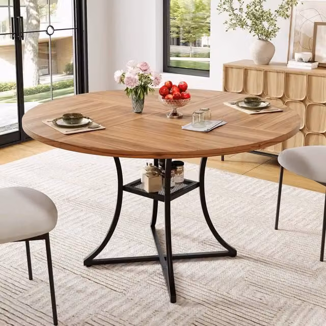 Tavolo da pranzo rotondo per 4-6 persone con ripiano inferiore, in MDF e metallo, noce e nero, 100 × 100 × 75 cm