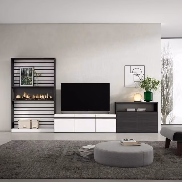 Mobile TV da soggiorno Skraut Home con camino elettrico e illuminazione integrata, Bianco e nero, L: 360 cm, P: 35 cm, H: 186 cm